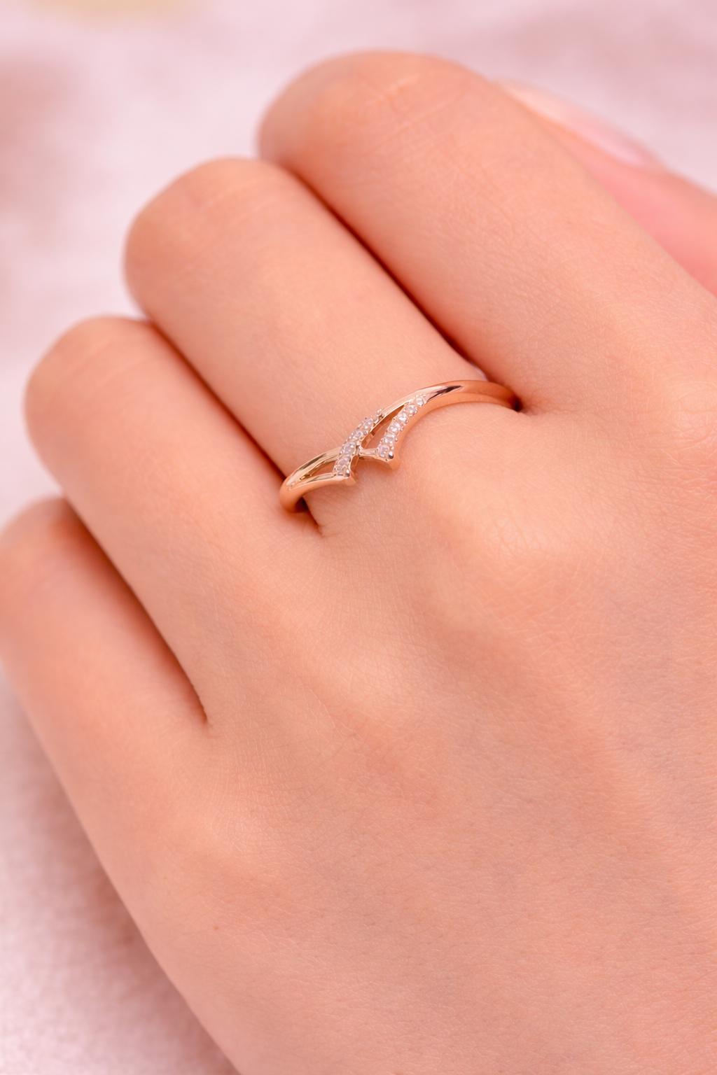 925 Sterling Silver Double Chevron Ring, Pave CZ V Shape Stackable Band