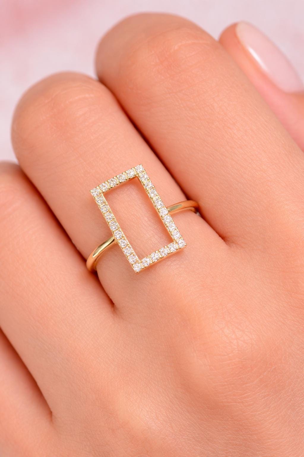 925 Sterling Silver Rectangle Ring, Pave CZ Geometric Open Frame, Minimalist Stackable Jewelry