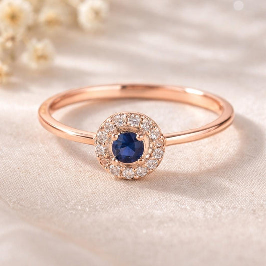 925 Sterling Silver Blue CZ Halo Ring, Sapphire Inspired, Minimalist Engagement Ring
