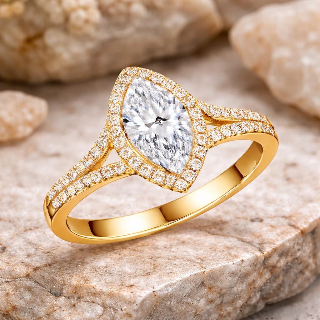 925 Sterling Silver Marquise CZ Halo Ring, Split Shank Engagement, Diamond Look Bridal Jewelry