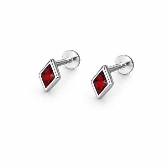 925 Sterling Silver Red CZ Diamond Stud Earrings, Geometric Bezel Setting