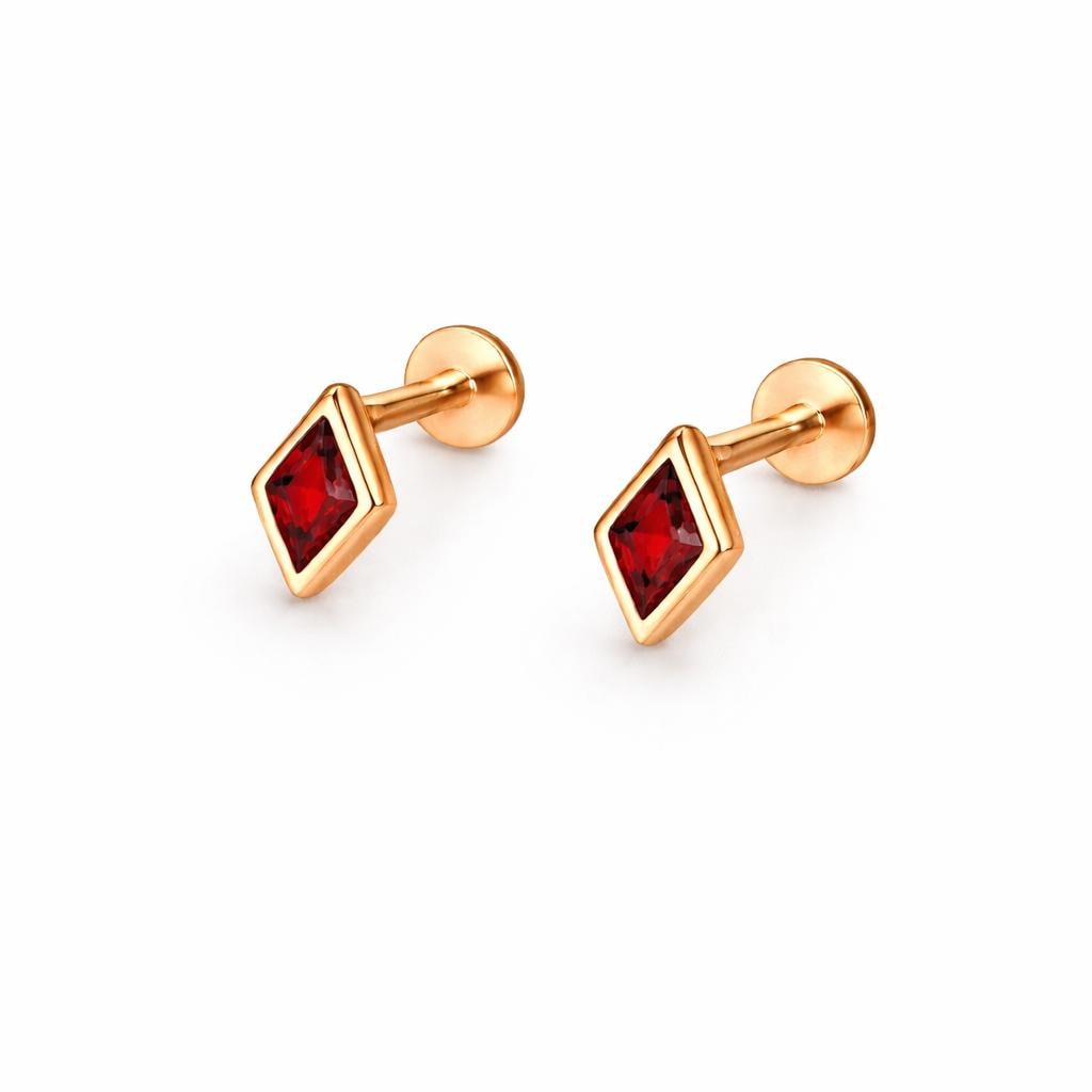 925 Sterling Silver Red CZ Diamond Stud Earrings, Geometric Bezel Setting