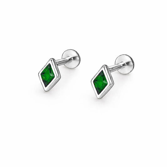925 Sterling Silver Green CZ Diamond Stud Earrings, Minimalist Geometric Dainty Jewelry