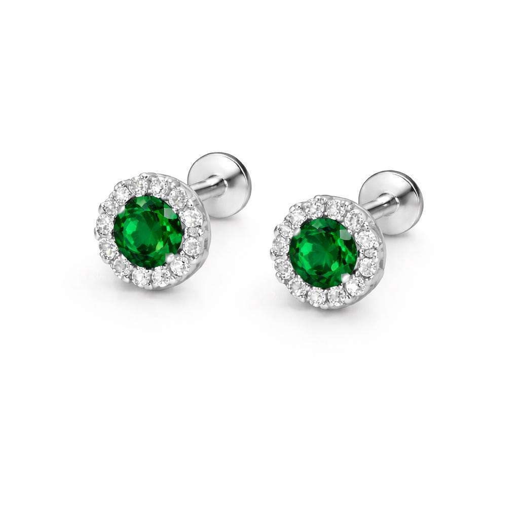 925 Sterling Silver Green CZ Halo Stud Earrings, Dainty Minimal Jewelry