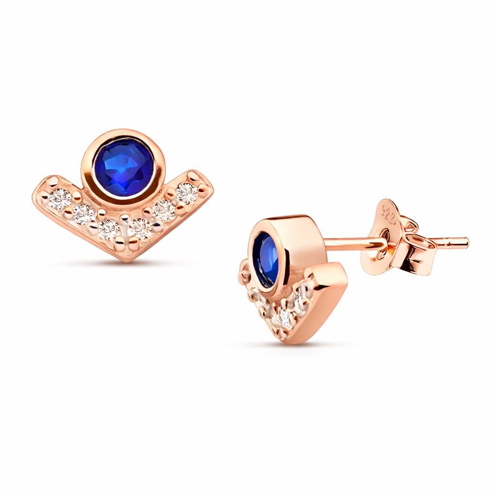 925 Sterling Silver Blue CZ Geometric Chevron Stud Earrings, Minimal Dainty Sapphire CZ