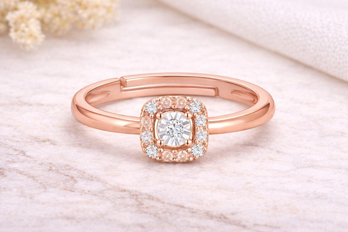 925 Sterling Silver Square Halo Ring, Adjustable Dainty Engagement Ring, Diamond Look