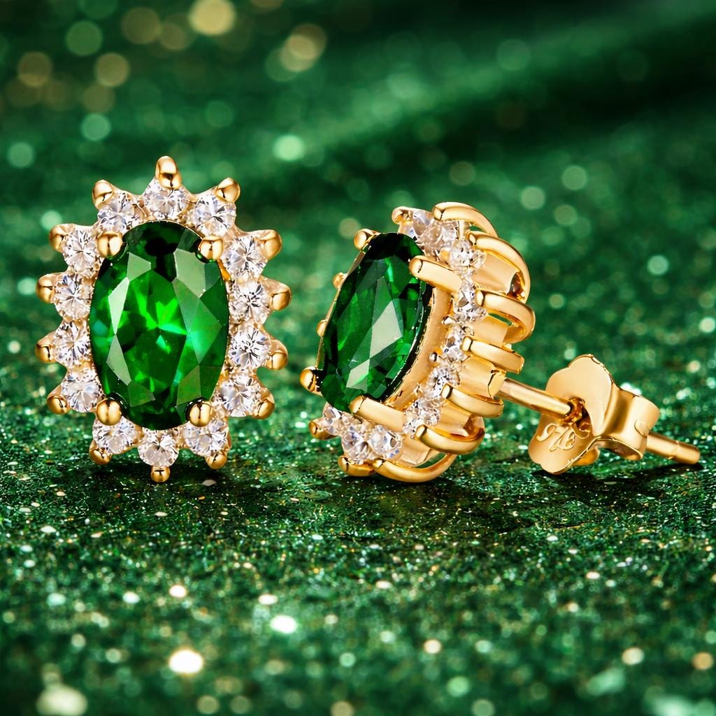925 Sterling Silver Emerald Green Oval Halo Stud Earrings, Diamond Look, Gift for Her