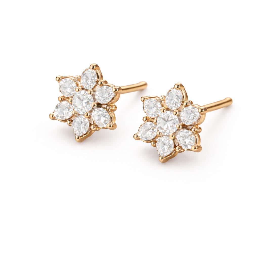 Sterling Silver Snowflake CZ Stud Earrings, Dainty Floral Cluster, Minimalist Sparkle