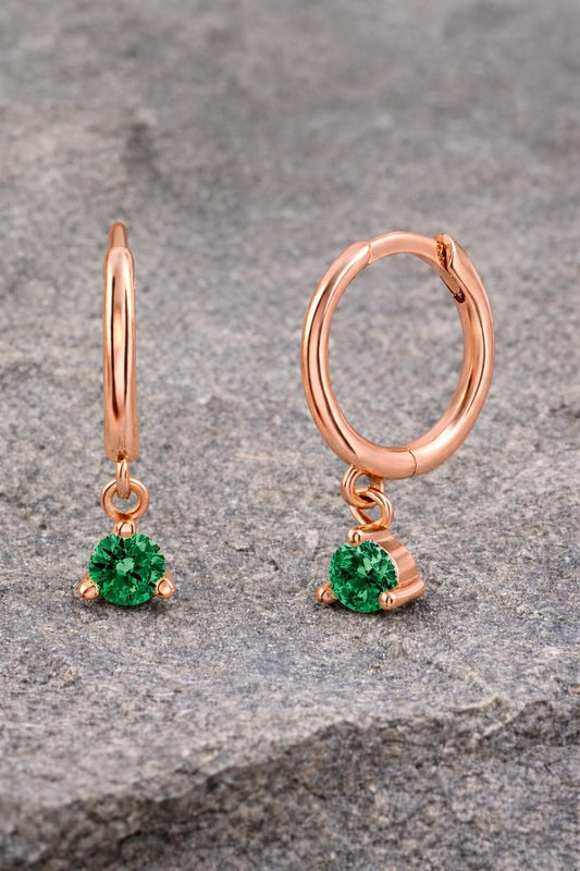 Sterling Silver Emerald CZ Dangle Huggie Earrings, Minimalist May Birthstone Gift