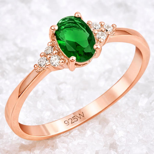 925 Sterling Silver Oval Emerald Green CZ Ring, Dainty Engagement Promise Ring