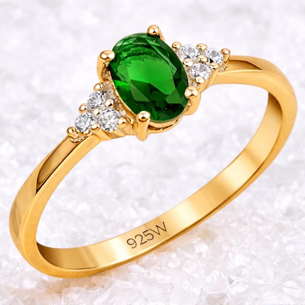 925 Sterling Silver Oval Emerald Green CZ Ring, Dainty Engagement Promise Ring