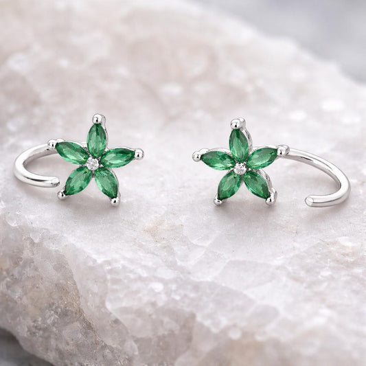 Sterling Silver Emerald CZ Flower Ear Climbers, Dainty Floral Studs