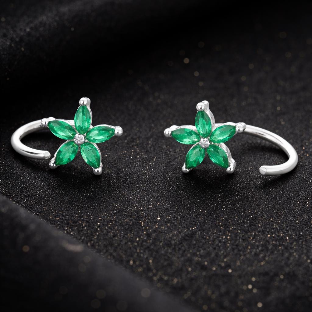 Sterling Silver Emerald CZ Flower Ear Climbers, Dainty Floral Studs