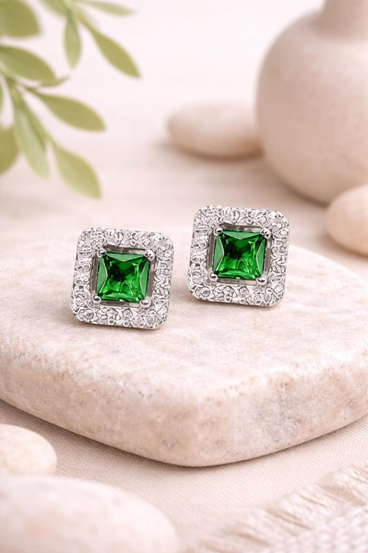925 Sterling Silver Green CZ Halo Stud Earrings, Princess Cut Square Emerald, Dainty Gift