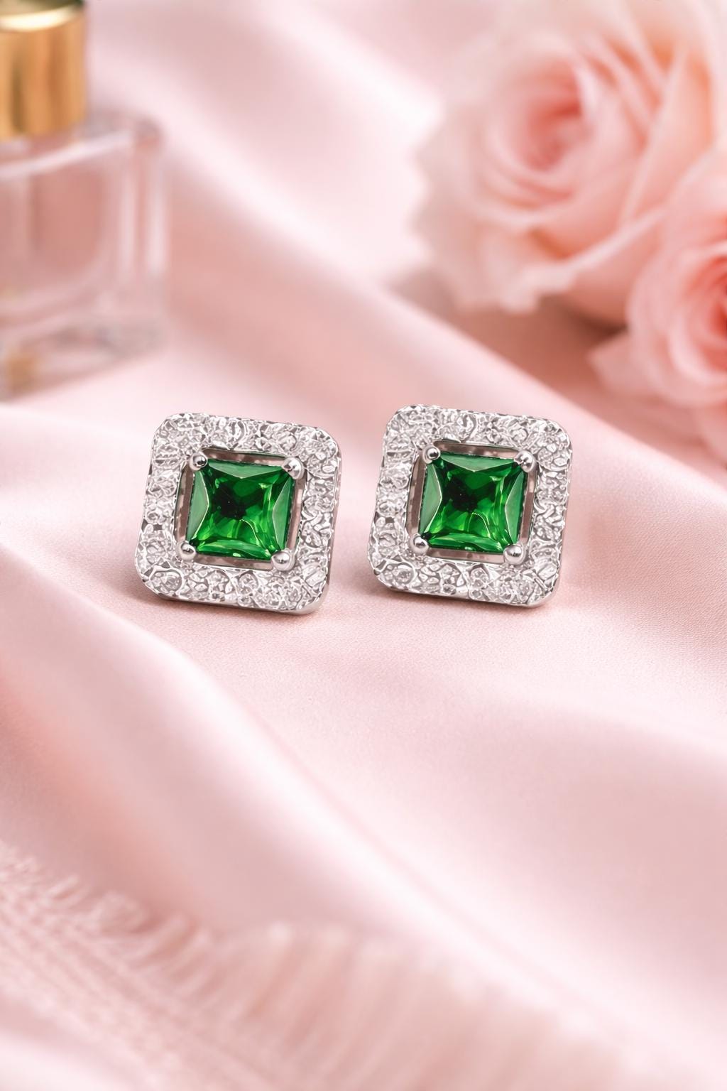 925 Sterling Silver Green CZ Halo Stud Earrings, Princess Cut Square Emerald, Dainty Gift