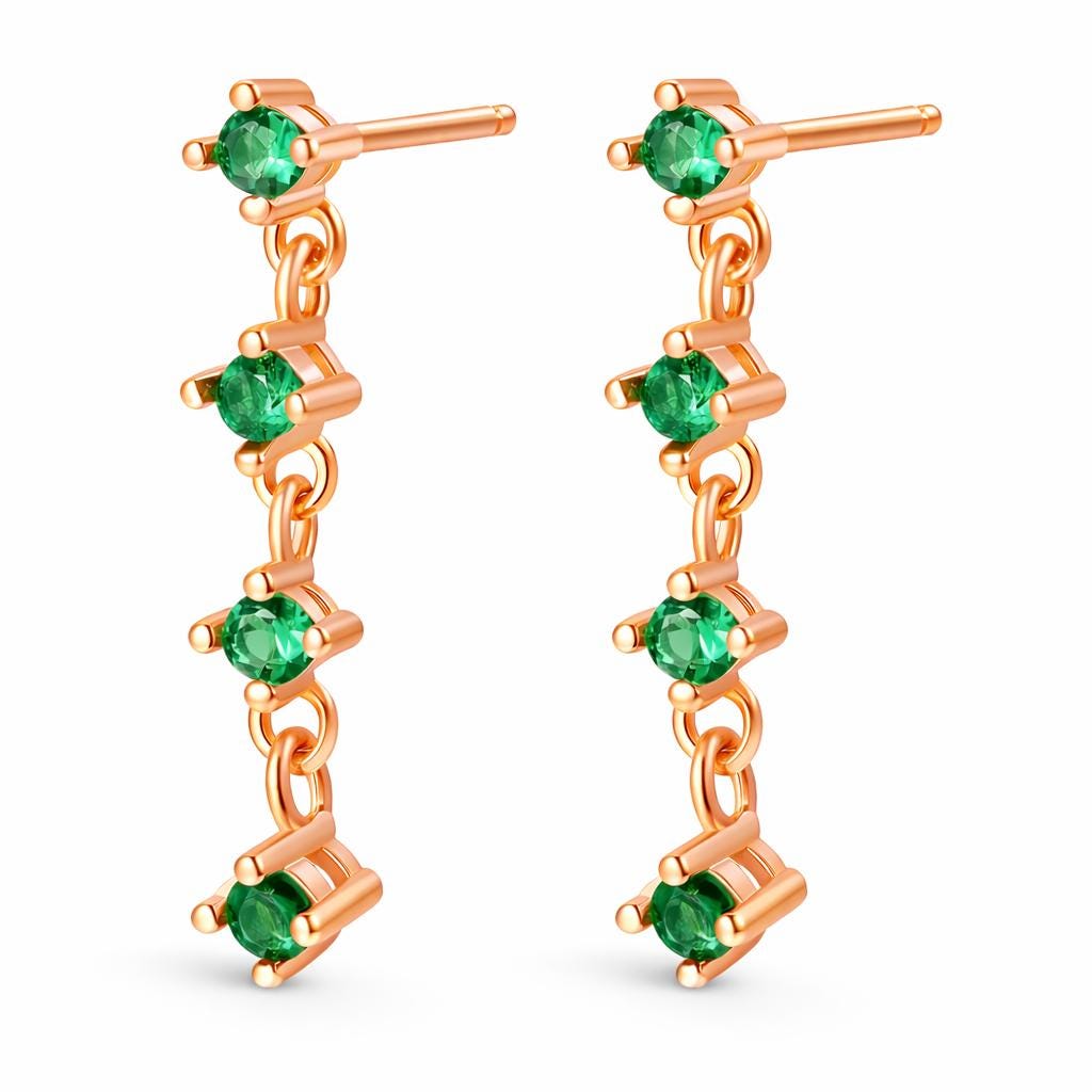 925 Sterling Silver Emerald Green CZ Drop Chain Earrings, Minimal Dangle Style