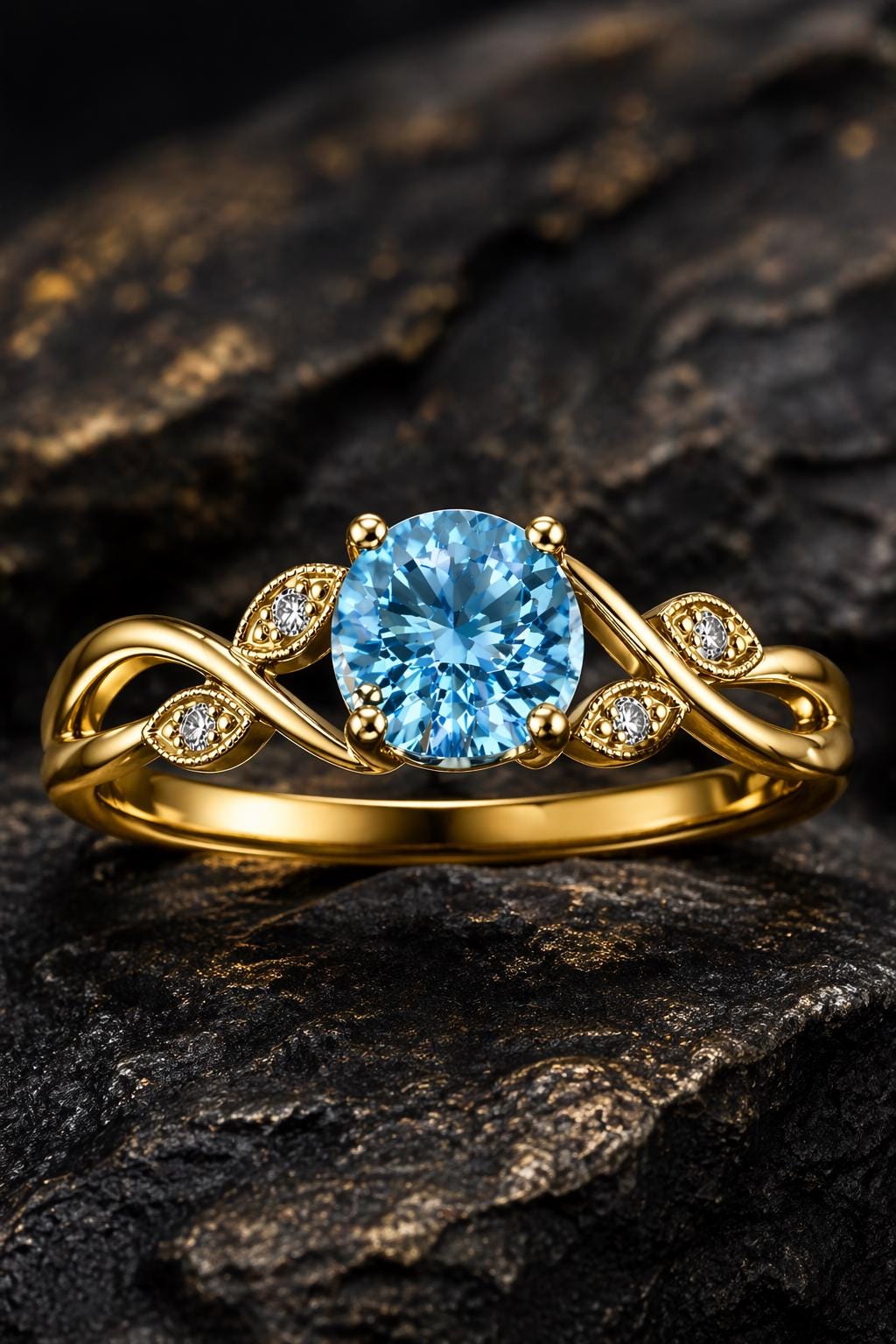 Sterling Silver Swiss Blue Topaz Leaf Ring, Vintage Vine Nature Design