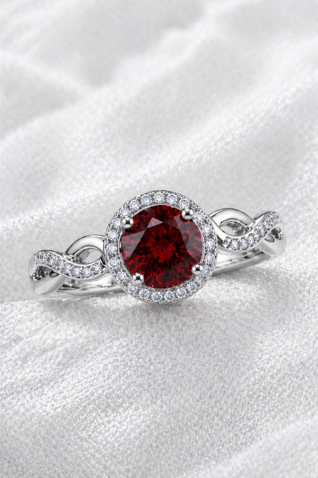 Sterling Silver Garnet Halo Ring, January Birthstone, Infinity Twist Band, CZ Accents