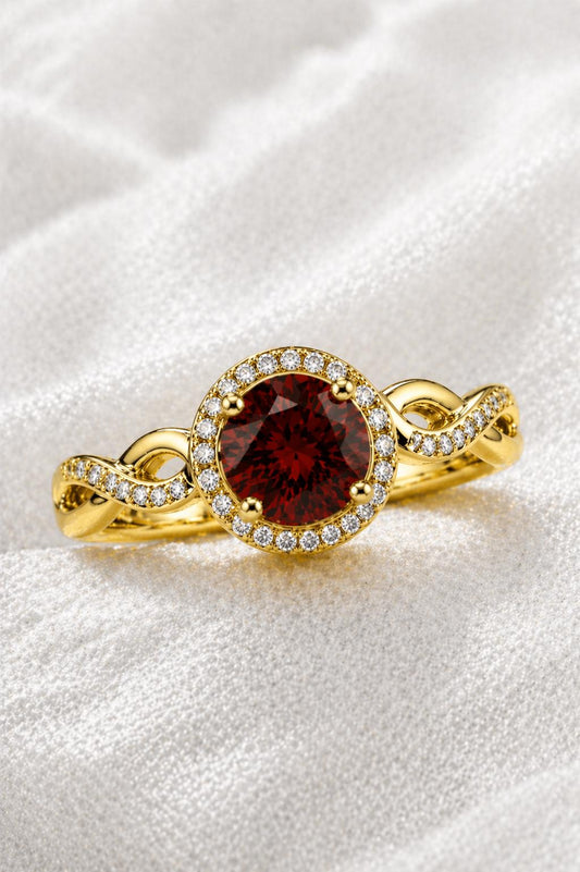 Sterling Silver Garnet Halo Ring, January Birthstone, Infinity Twist Band, CZ Accents