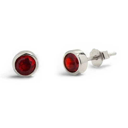 925 Sterling Silver Red CZ Bezel Stud Earrings, Minimal Round Classic Jewelry