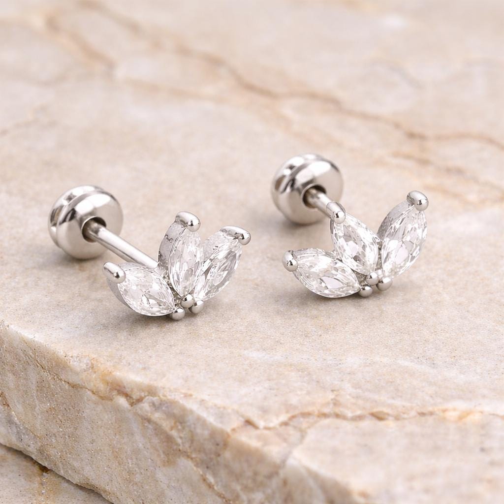 925 Sterling Silver Leaf CZ Stud Earrings, Marquise Cut, Minimal Floral Design