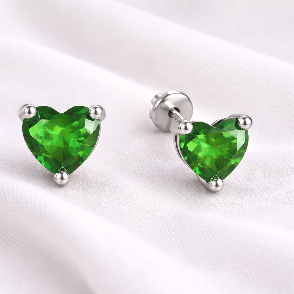 Sterling Silver Green Heart CZ Stud Earrings, Emerald Dainty Minimal Jewelry