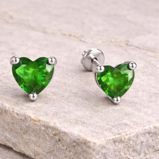 Sterling Silver Green Heart CZ Stud Earrings, Emerald Dainty Minimal Jewelry