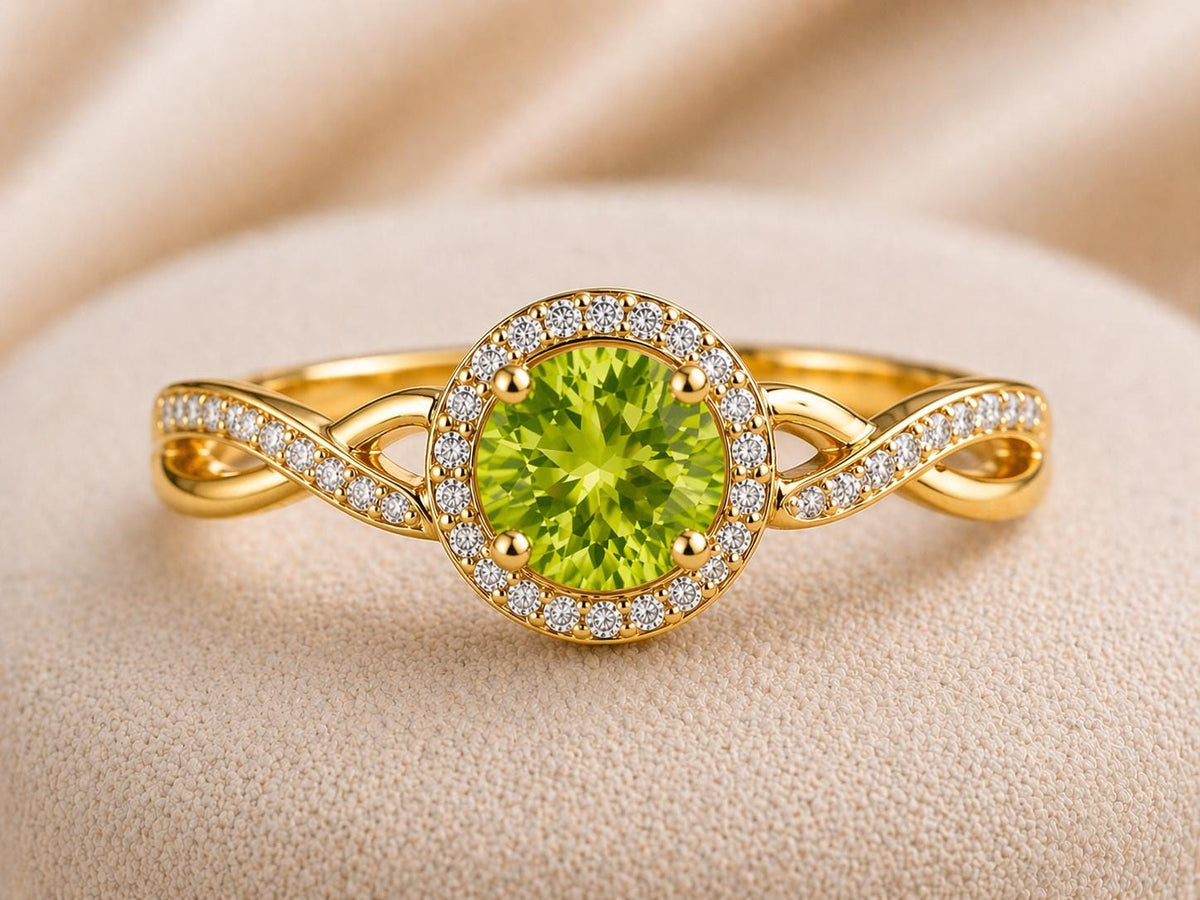 Sterling Silver Peridot Halo Ring, Twisted Infinity Band, August Birthstone Promise Ring
