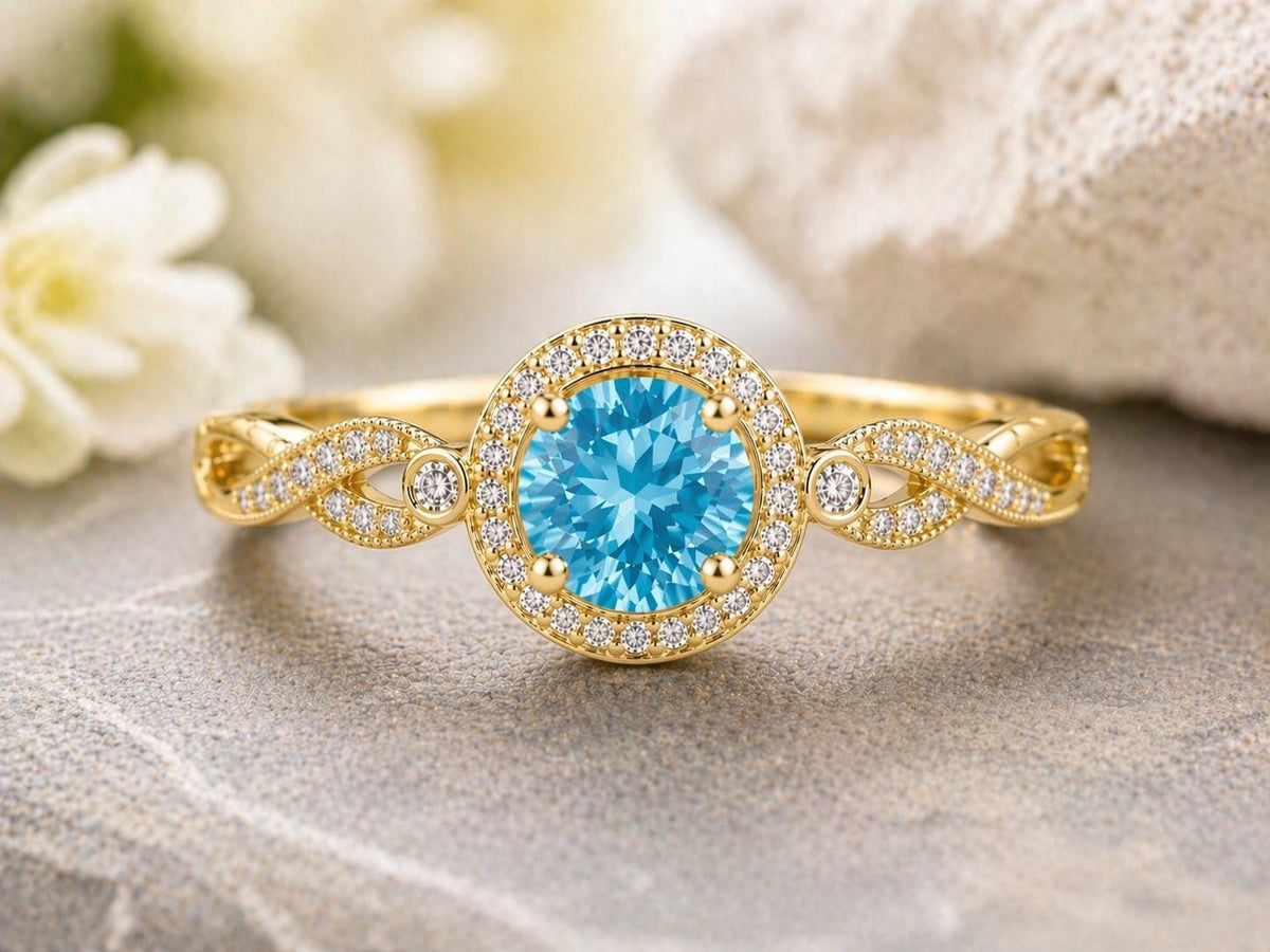 Sterling Silver Swiss Blue Topaz Halo Ring, Vintage Infinity Band, December Birthstone