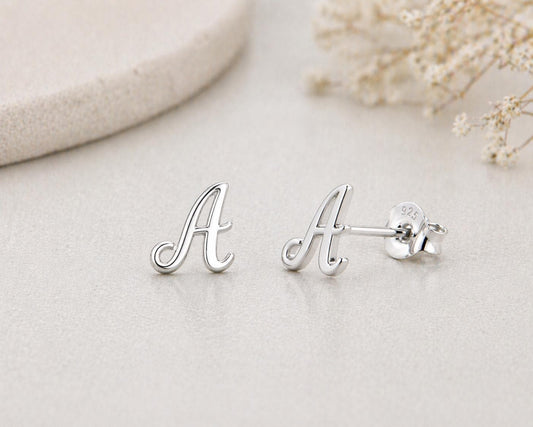 Sterling Silver Initial A Stud Earrings, Cursive Alphabet Minimalist Jewelry