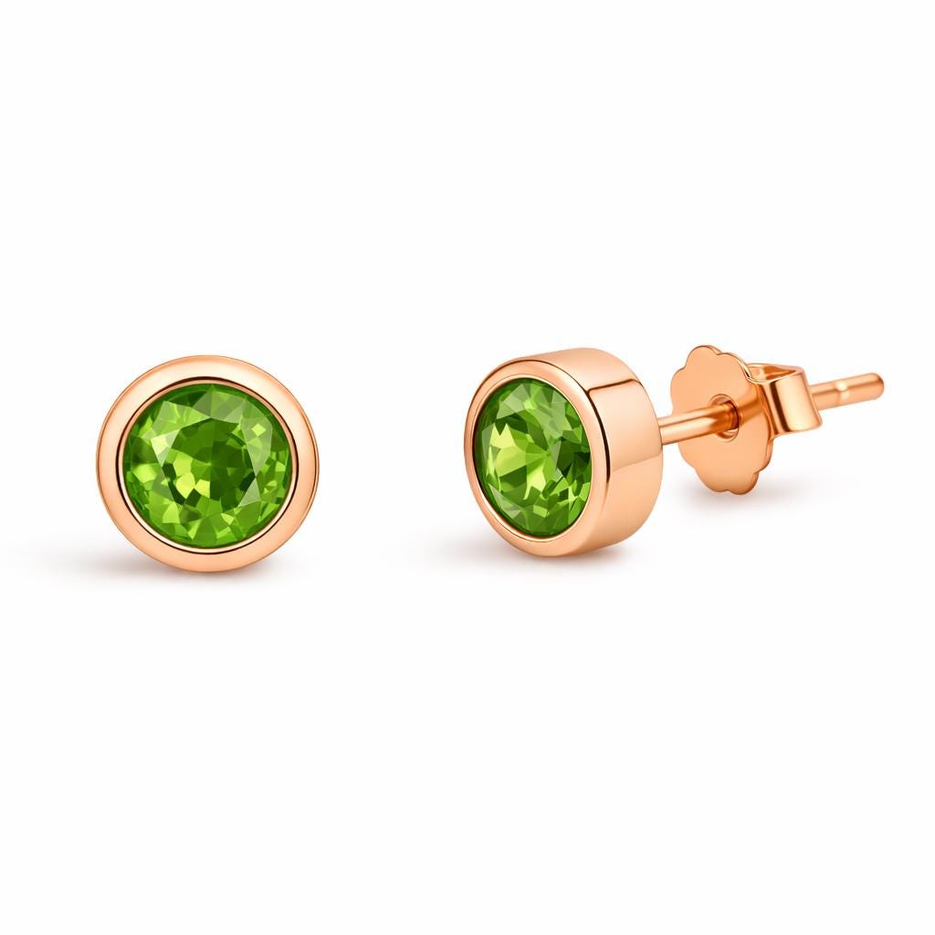 925 Sterling Silver Green CZ Bezel Stud Earrings, Minimal Round Dainty Studs