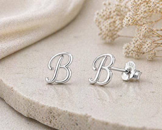 Sterling Silver Initial B Stud Earrings, Minimalist Alphabet Jewelry