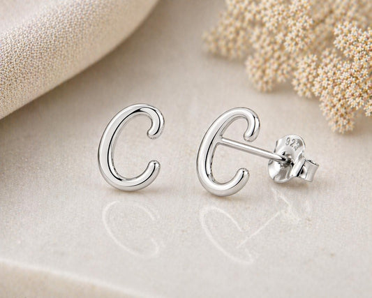 Sterling Silver C Initial Stud Earrings, Minimalist Cursive Alphabet Jewelry