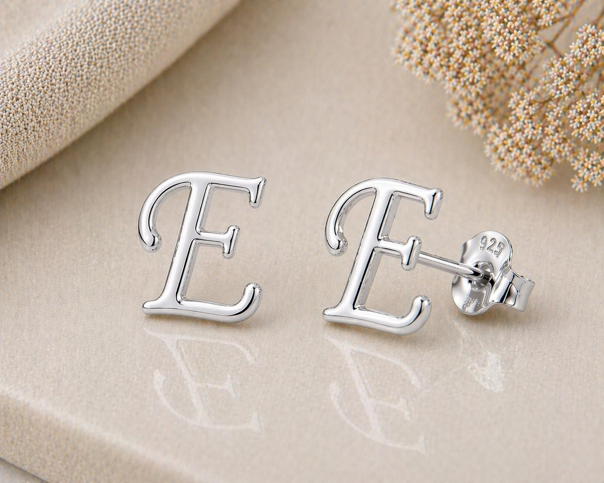 Sterling Silver Initial E Stud Earrings, Minimalist Alphabet Jewelry