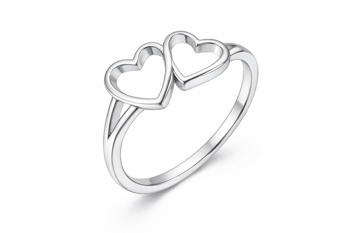 925 Sterling Silver Double Heart Ring, Minimalist Band, Romantic Promise Gift