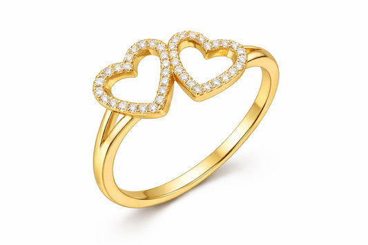925 Sterling Silver Double Heart Ring, Pave CZ, Romantic Promise Band