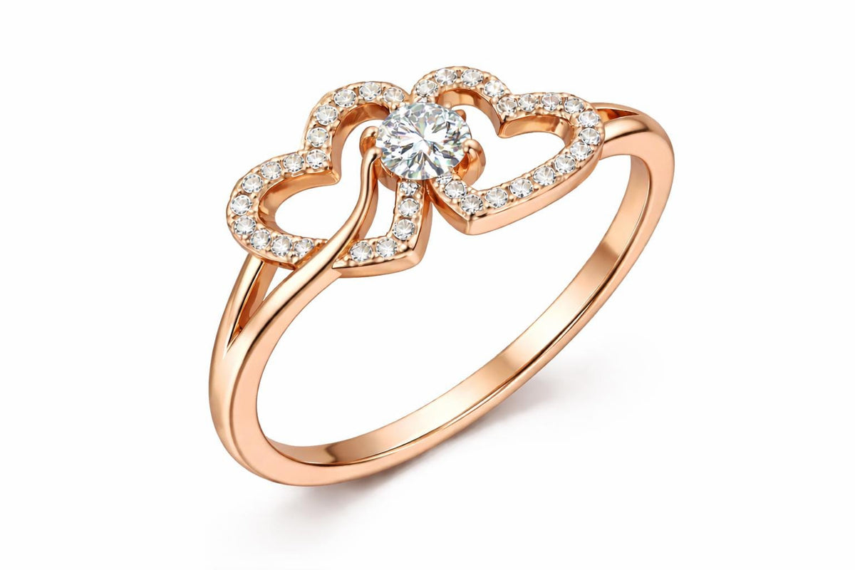 Double Heart Ring, 925 Sterling Silver, CZ Pave, Romantic Promise Engagement Ring