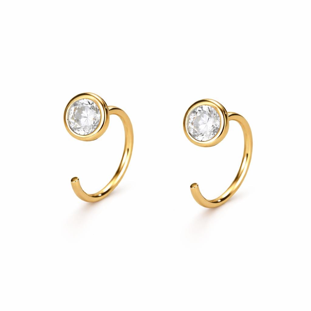 925 Sterling Silver CZ Open Hoop Earrings, Minimalist Dainty Ear Huggers