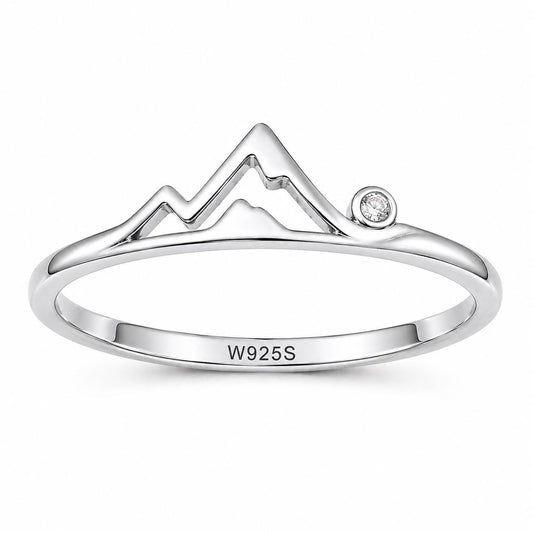 925 Sterling Silver Mountain Ring with CZ Accent, Minimalist Nature Landscape Jewelry