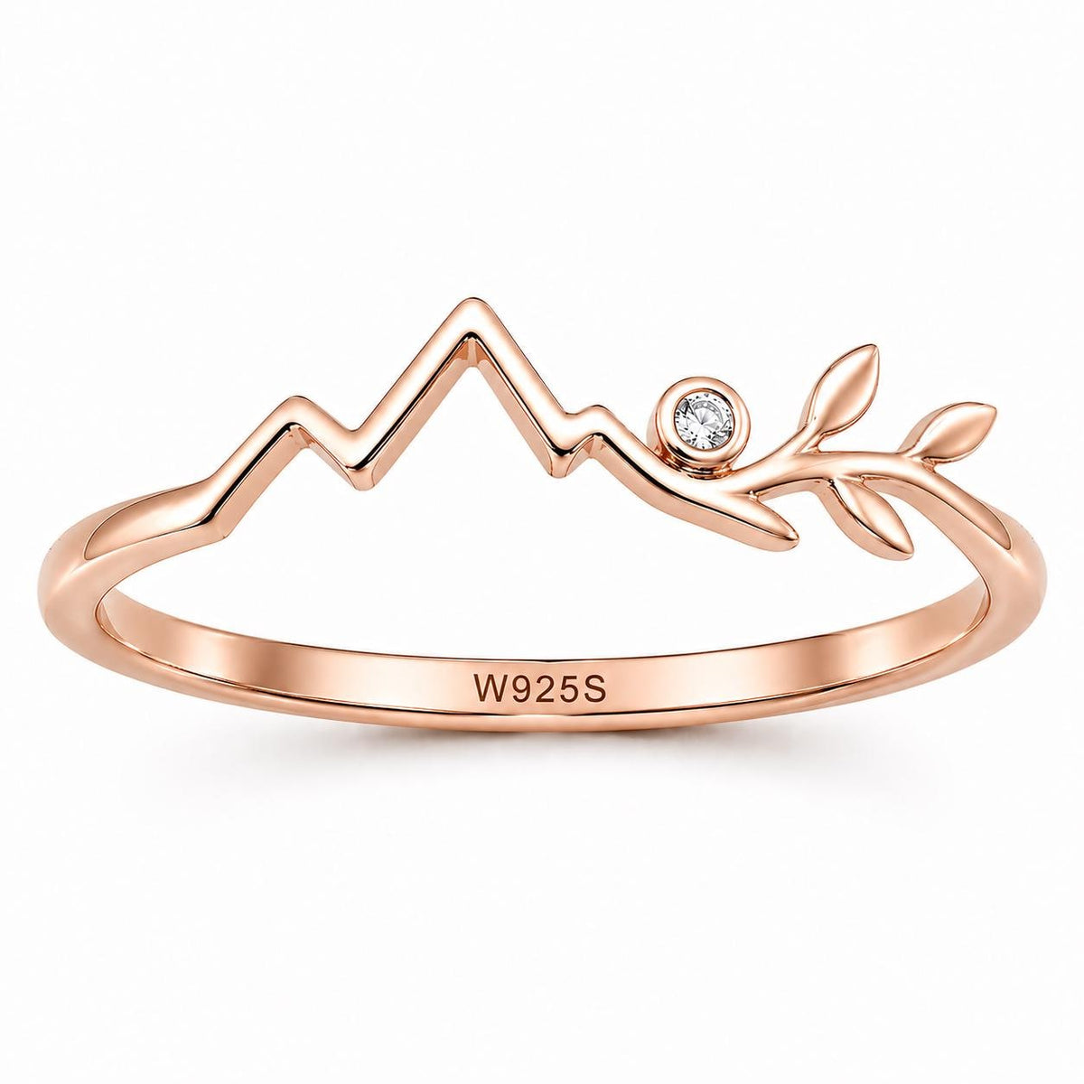 Sterling Silver Mountain Leaf Ring with CZ, Nature Inspired Minimalist Adventure Jewelry