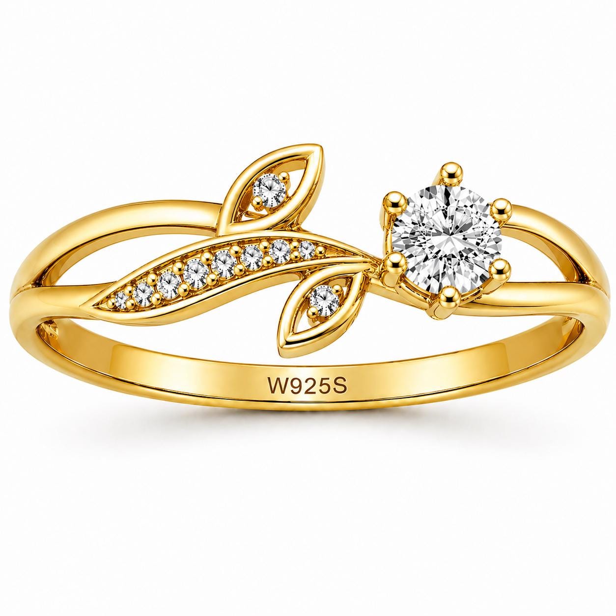 Sterling Silver Leaf Ring with CZ, Nature Engagement Promise Ring Her