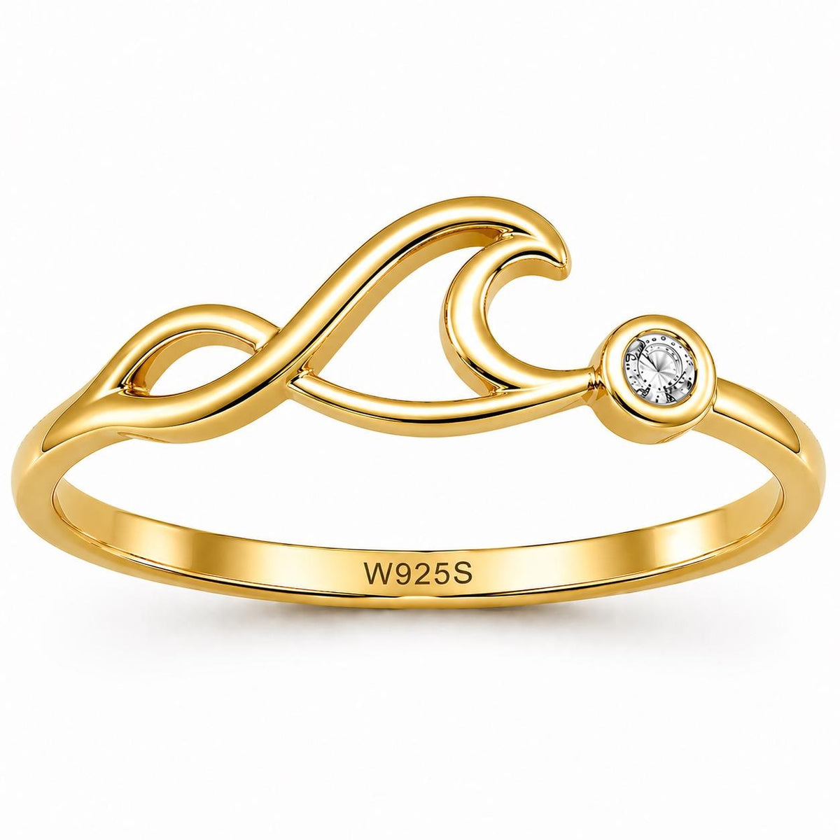 Sterling Silver Wave Ring with Bezel CZ, Minimalist Ocean Nature Inspired Ring