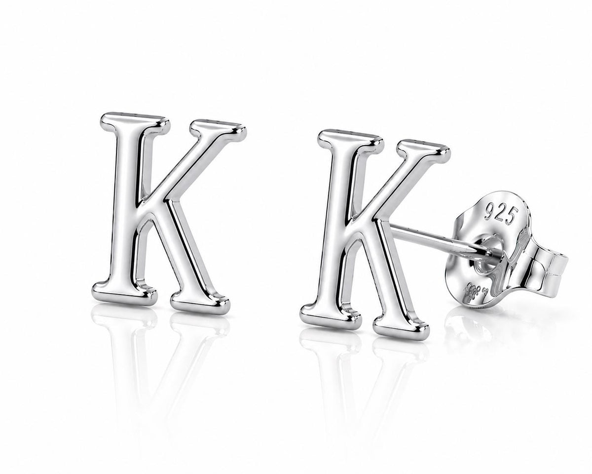 Sterling Silver K Initial Stud Earrings, Minimalist Personalized Name Jewelry