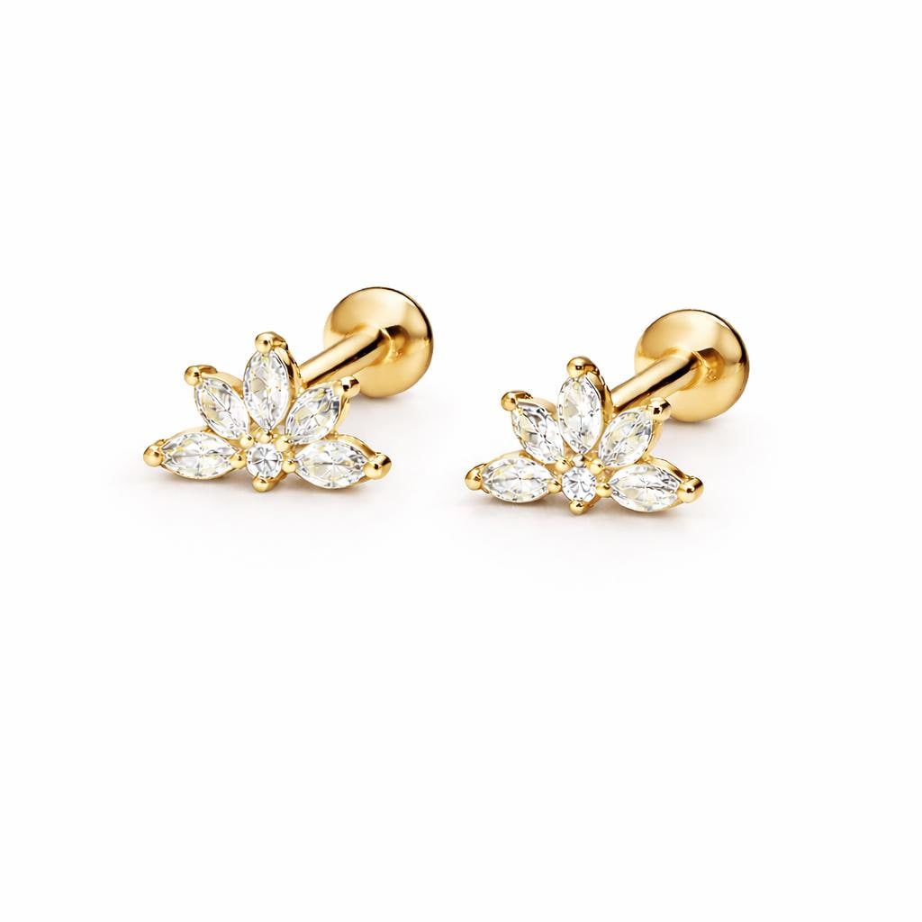 925 Sterling Silver Floral CZ Stud Earrings, Marquise Cut Dainty Studs