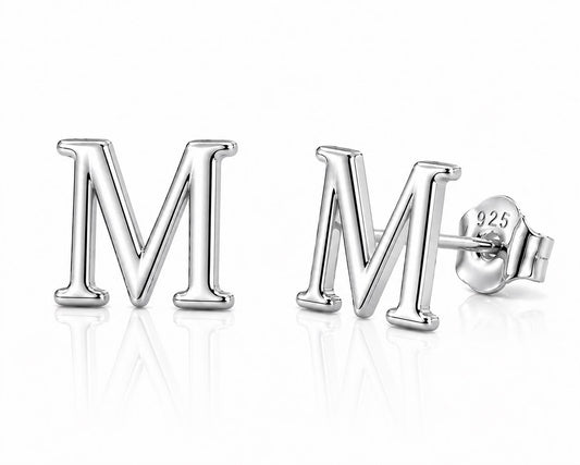 Sterling Silver M Initial Stud Earrings, Minimalist Personalized Name Jewelry