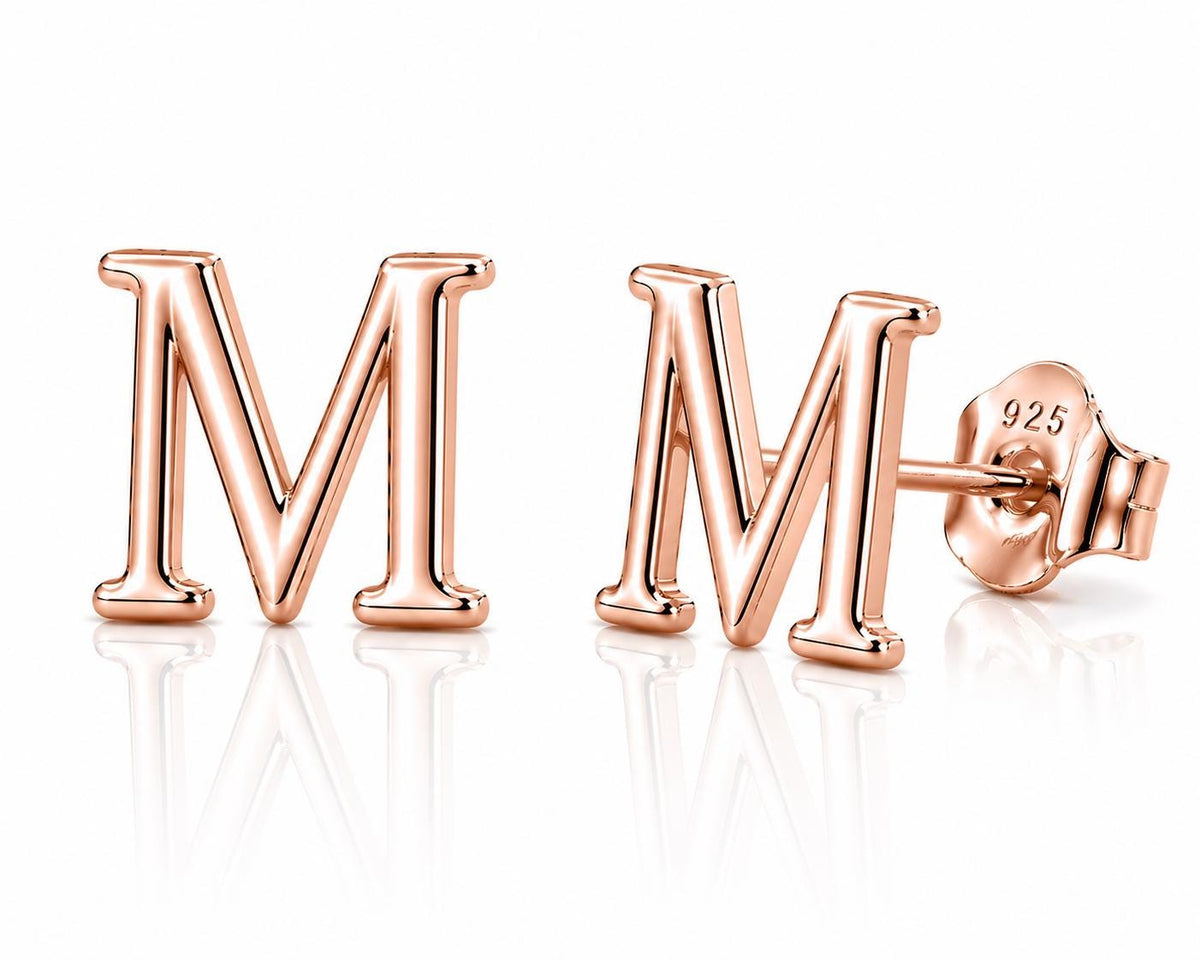 Sterling Silver M Initial Stud Earrings, Minimalist Personalized Name Jewelry