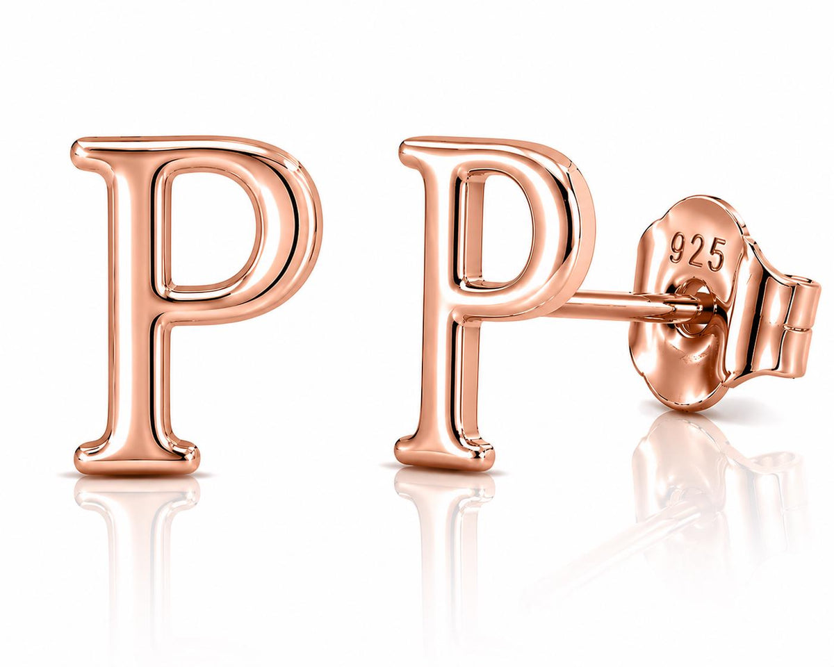 925 Sterling Silver P Initial Stud Earrings, Minimalist Personalized Name Studs