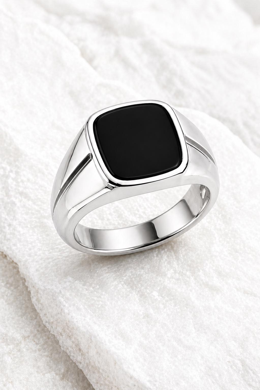 925 Sterling Silver Black Onyx Signet Ring, Cushion Cut Minimalist Statement Band