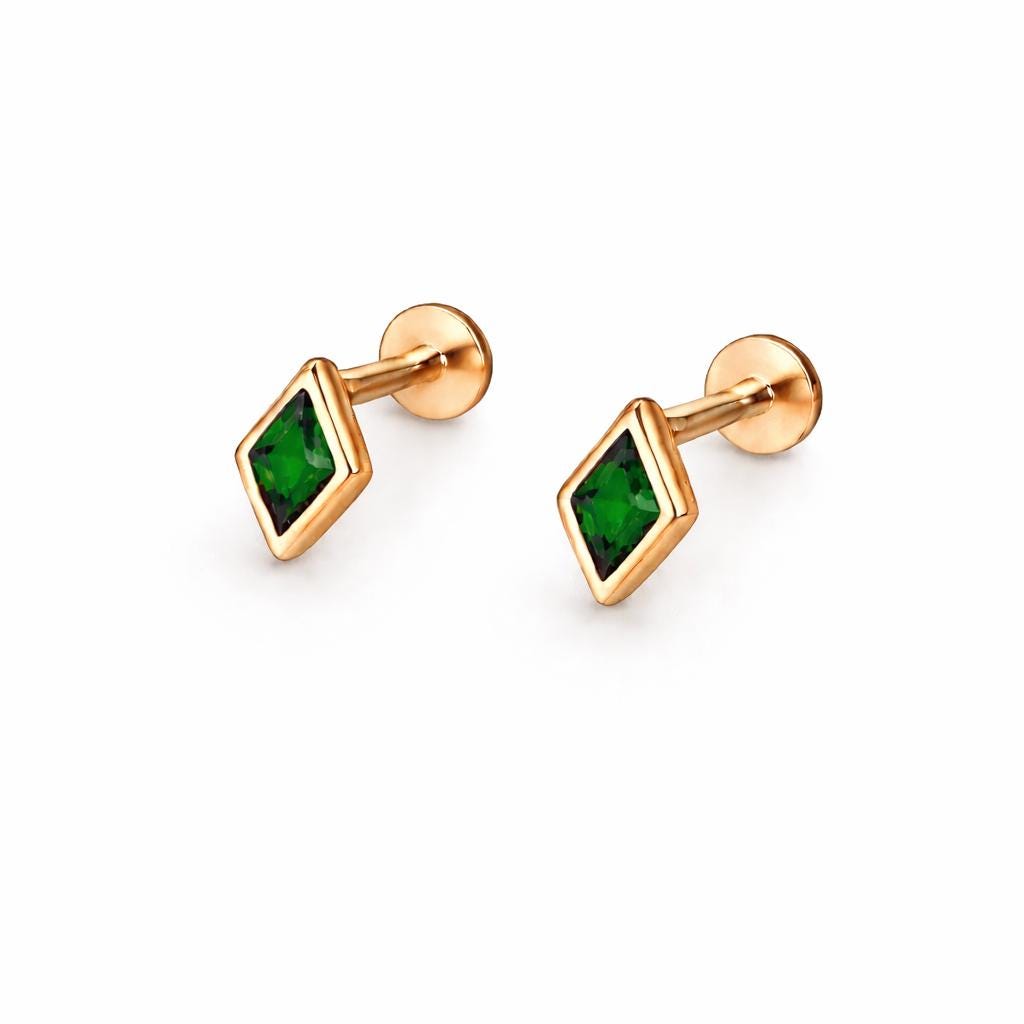 925 Sterling Silver Green CZ Diamond Stud Earrings, Minimalist Geometric Dainty Jewelry