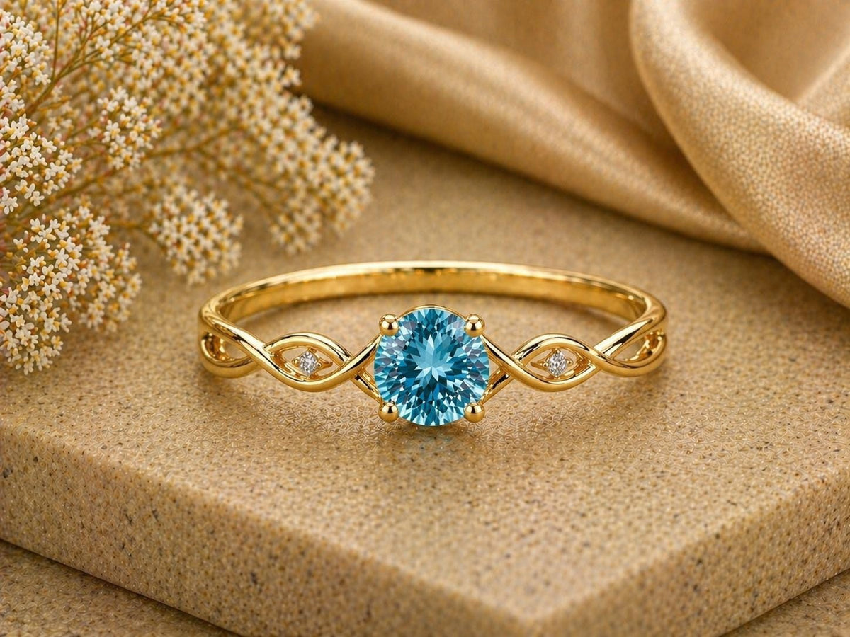 Sterling Silver Swiss Blue Topaz Vine Ring, CZ Leaf Nature Engagement Promise